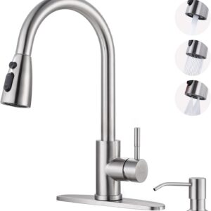 WOWOW Kitchen Sink Faucet with Soap Dispenser, Stainless Steel Pull Down Kitchen Faucet Brushed Nick