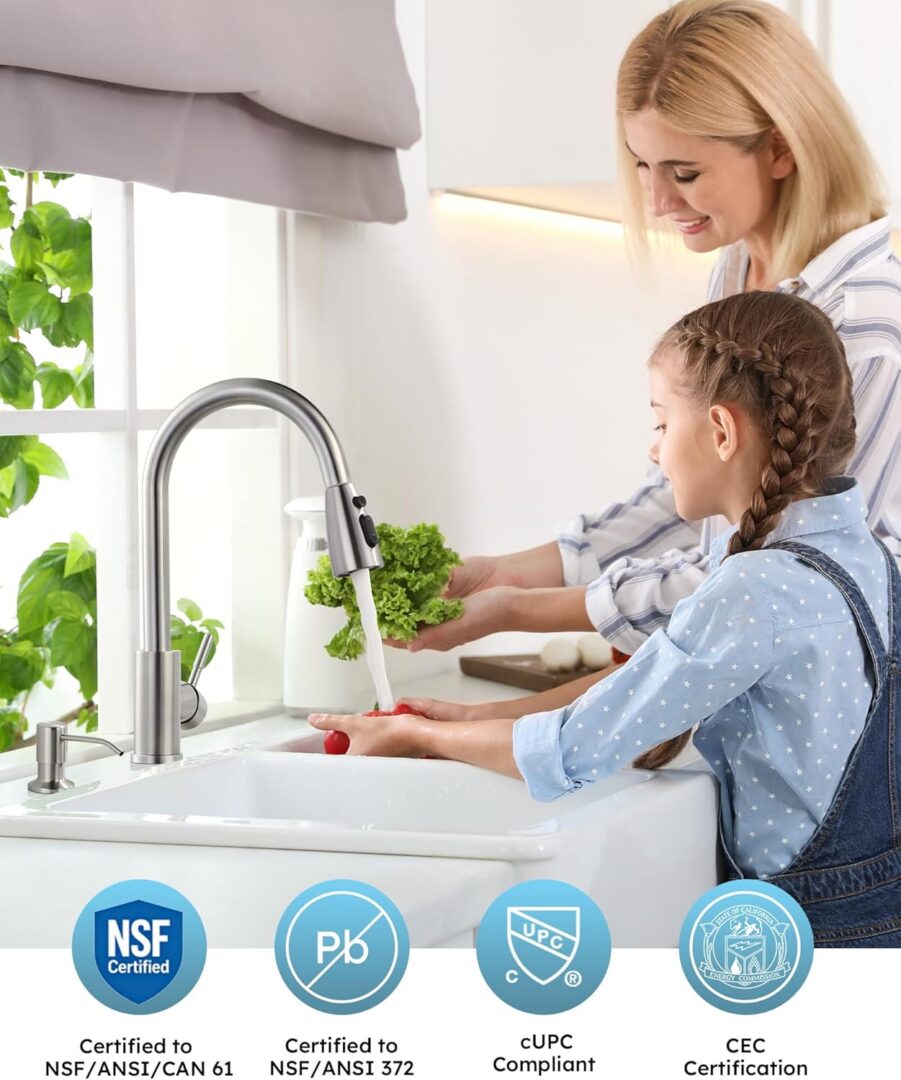 WOWOW Kitchen Sink Faucet with Soap Dispenser, Stainless Steel Pull Down Kitchen Faucet Brushed Nick - Image 3
