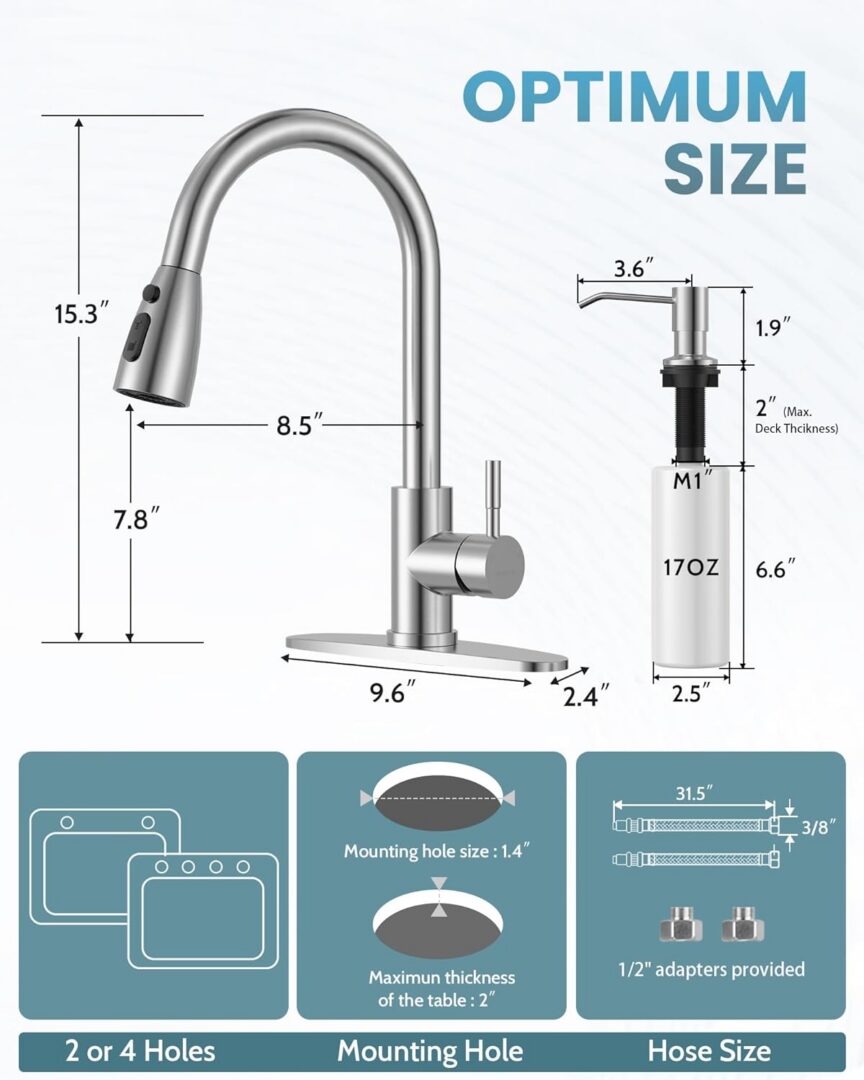 WOWOW Kitchen Sink Faucet with Soap Dispenser, Stainless Steel Pull Down Kitchen Faucet Brushed Nick - Image 2