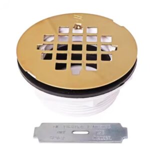 WESTBRASS D206P-01 2 in. No-Caulk PVC Compression Shower Drain with 4-1/4 in. Round Grid Cover, Polished Brass
