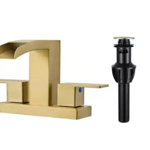 ZALEROCK H02LTSK4114 Waterfall 4 in. Center Set Double Handle Low Arc Bathroom Faucet with Drain Kit Included in Brushed Gold