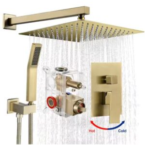 ZALEROCK KSF014 Rainfull Single-Handle 1-Spray Square Shower Faucet with 12 in. Shower Head in Brushed Gold Valve Included