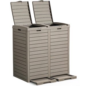 YITAHOME MAYIHXE1xt Outdoor Resin-Based Dual Compartment Trash Bins, 76 Gallon Capacity, Easy-to-Clean Hideaway Garbage Cans with Lid and Drip Tray (Light Brown)